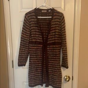 Brown Striped Long Cardigan Sweater with Open Front